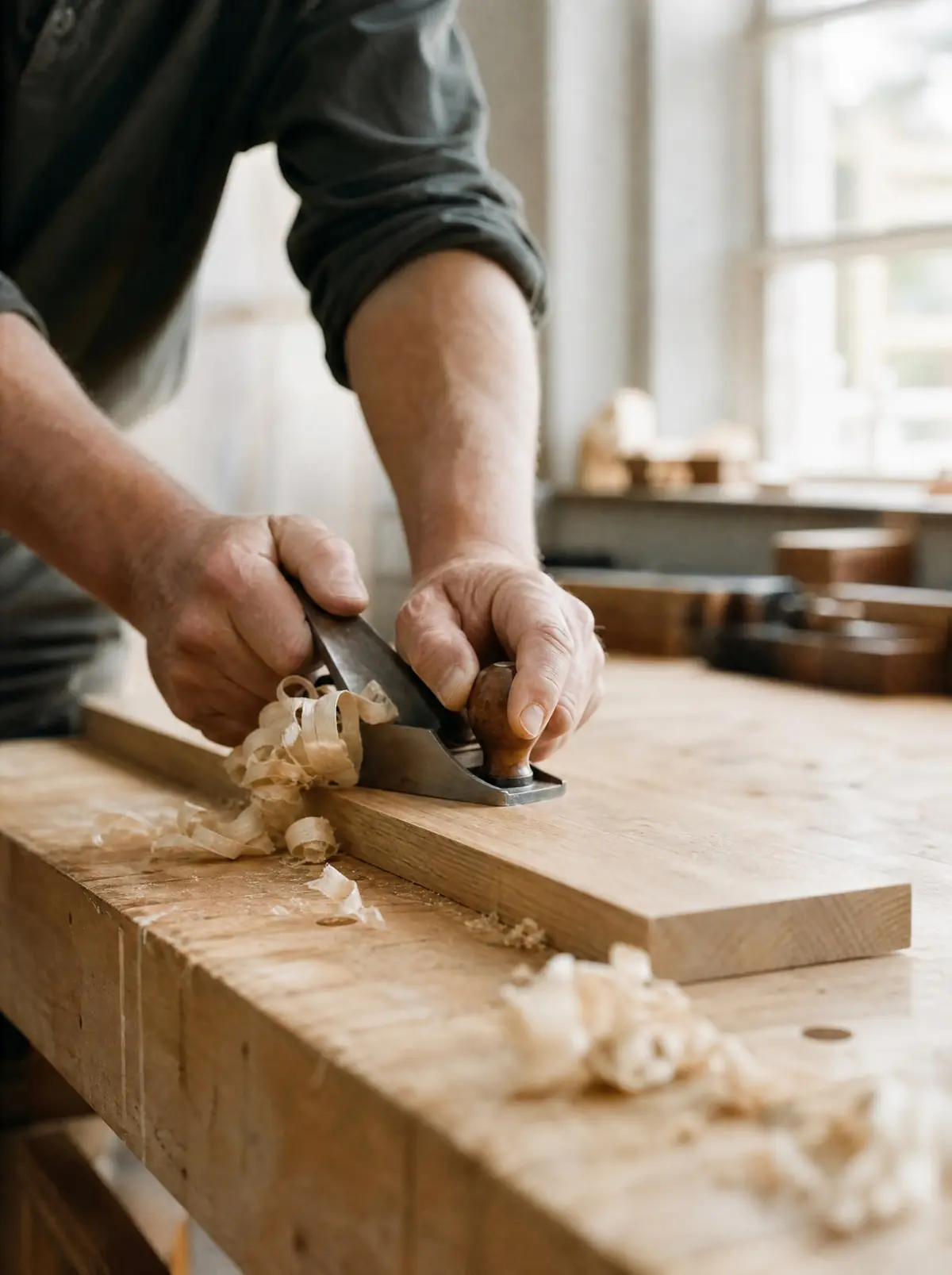 A woodworker's hands pushing a hand plane along an oak board at a workbench, shavings curling away