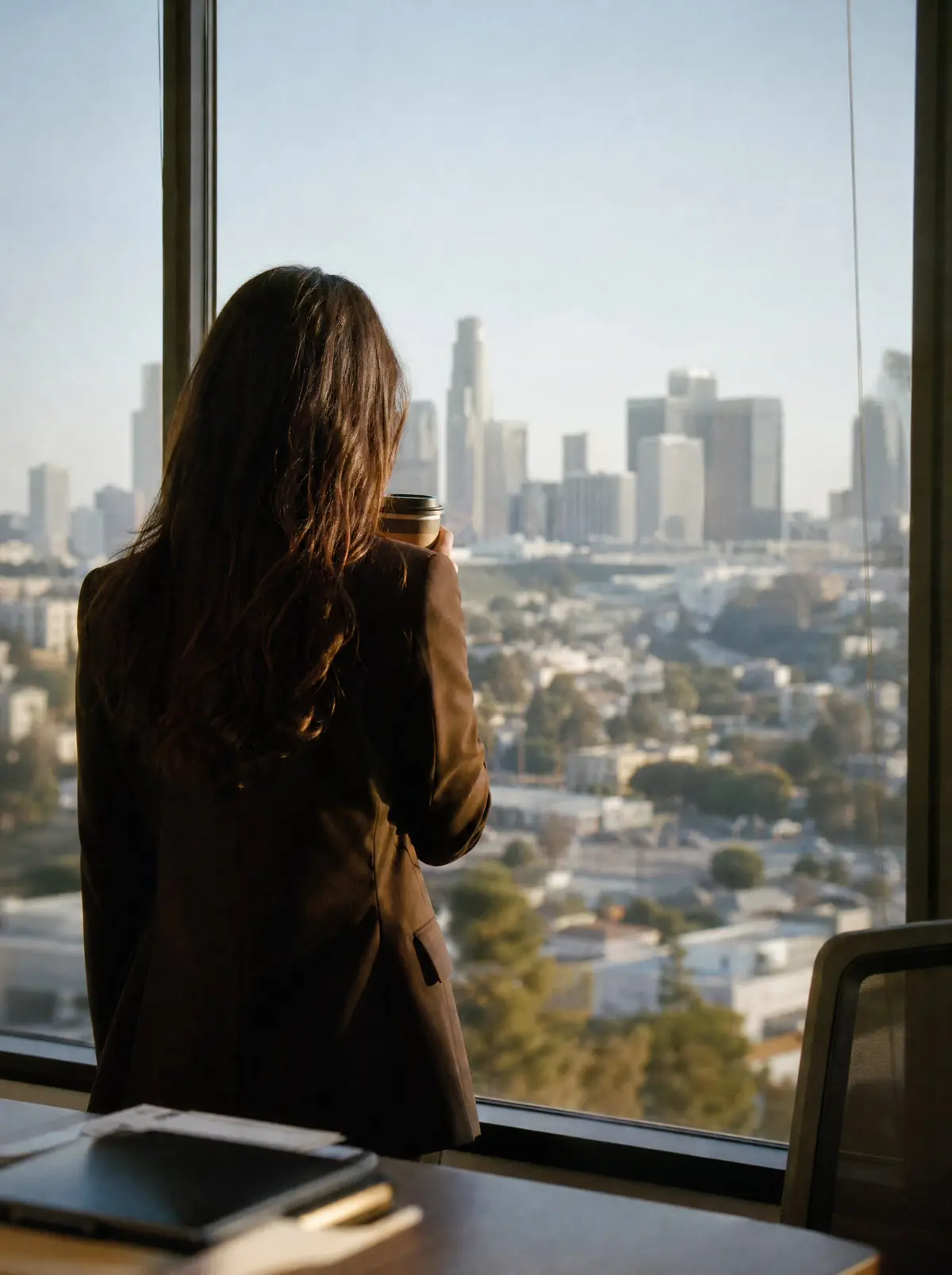 A woman seen from behind holding a coffee and looking out of an office window over the Los Angeles skyline in early morning light