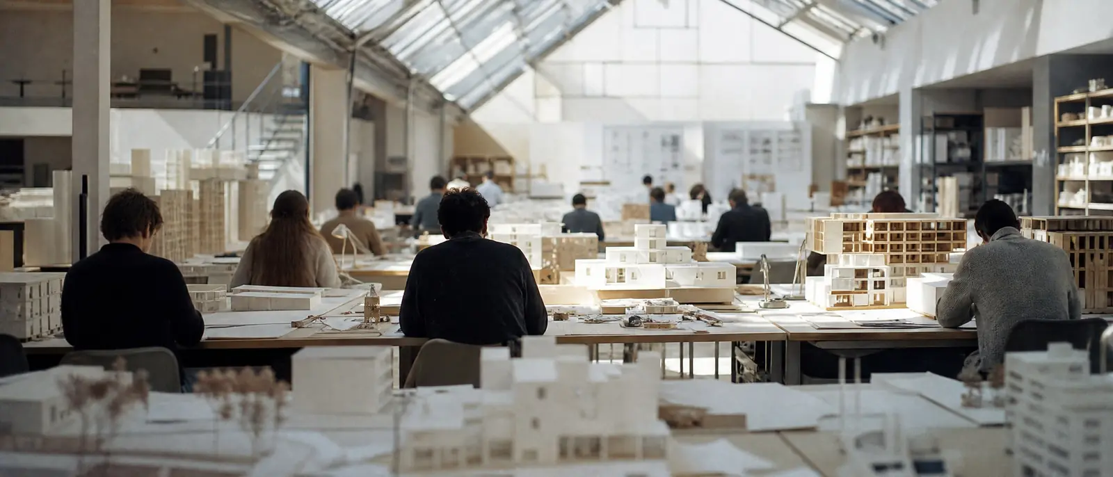 Designers seen from behind working at long tables of white building models in a bright architecture studio beneath skylights