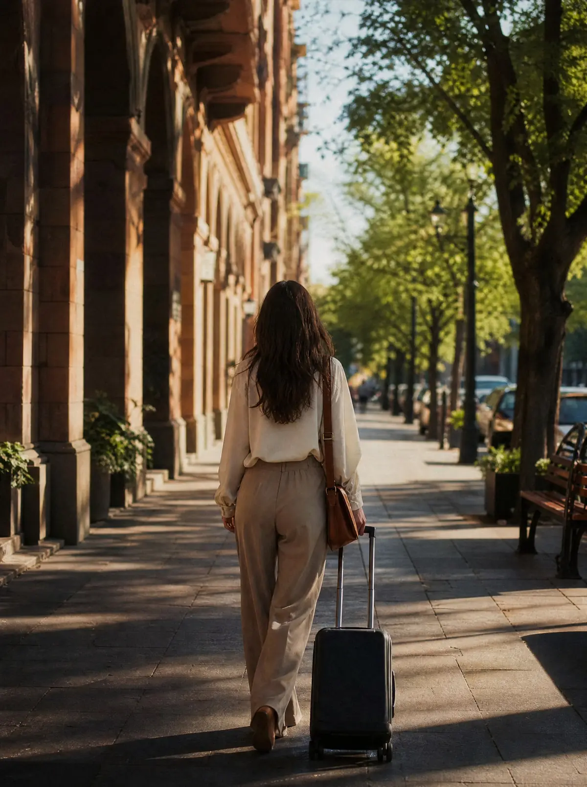 A woman seen from behind pulling a small suitcase along a sunny, tree-lined Yerevan boulevard of pink stone buildings