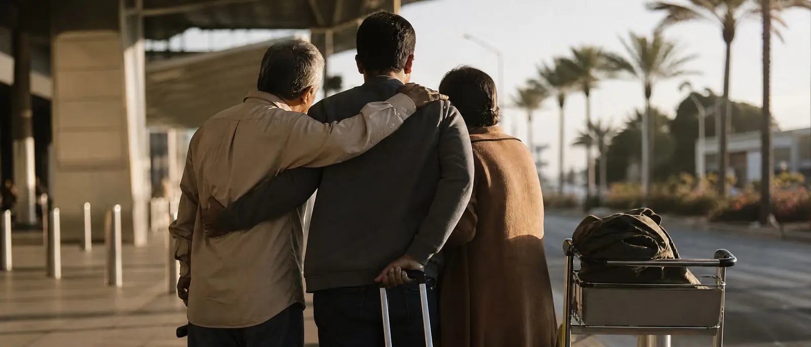 A man with a suitcase seen from behind, embraced by two older relatives at the curb outside an airport terminal in bright sun, palm trees beyond