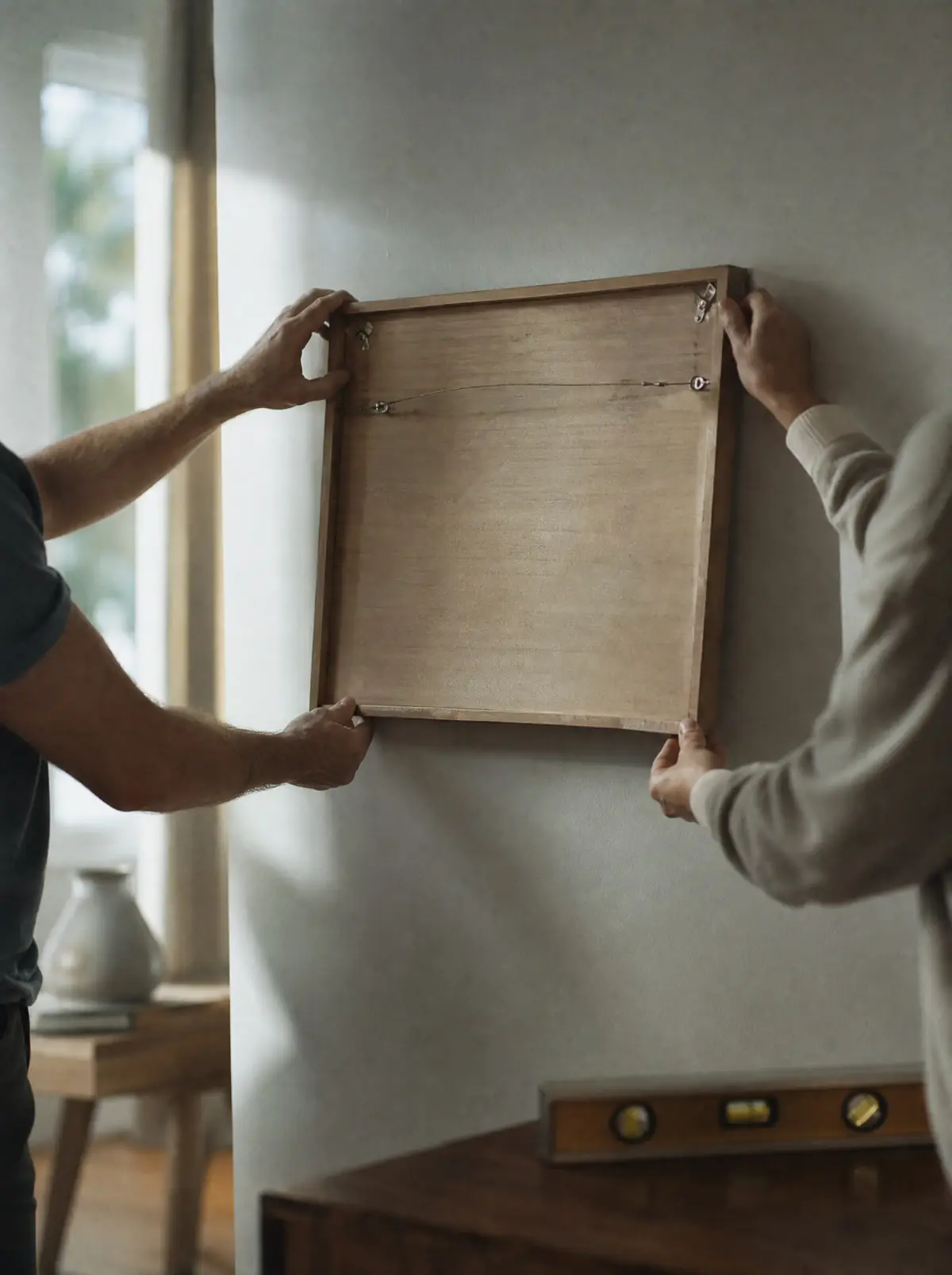 Two pairs of hands hanging a wooden picture frame on a freshly painted living room wall, a small spirit level on a side table