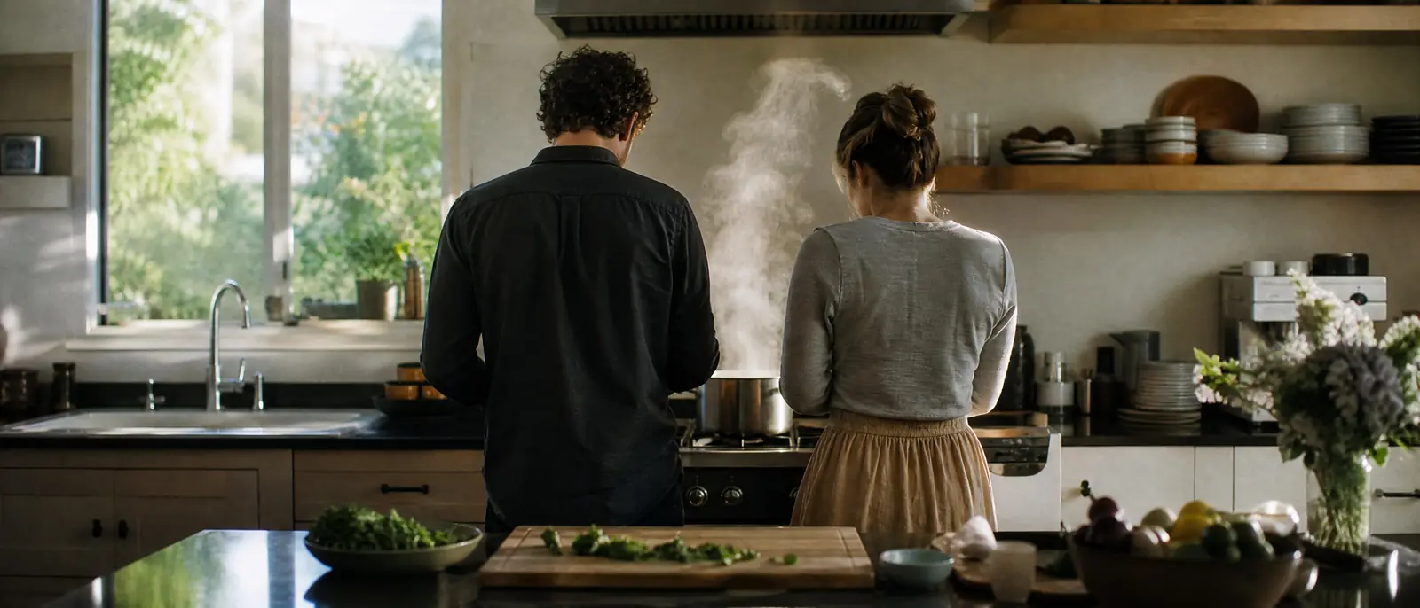 A married couple seen from behind cooking together at the stove of a bright home kitchen, steam rising from a pot
