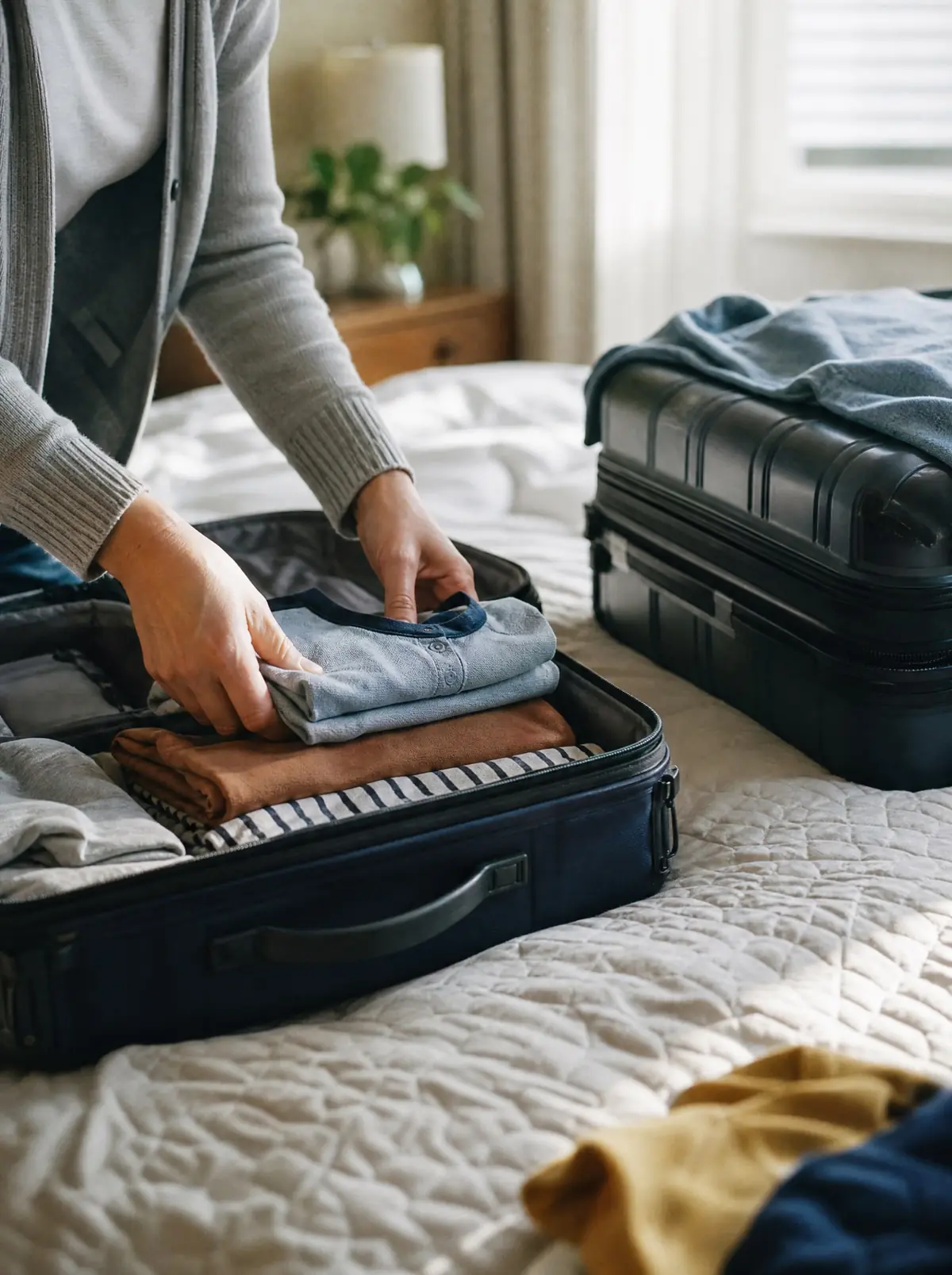 A mother's hands folding a child's small shirts into an open suitcase on a bed, a larger suitcase beside it