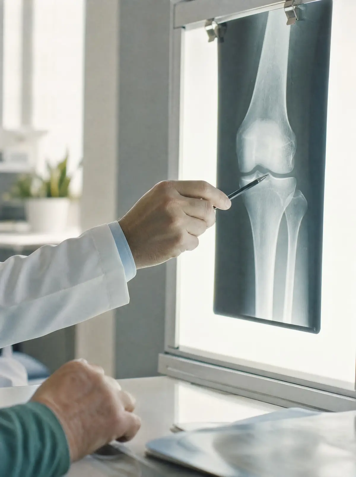 A doctor's hand pointing to a knee X-ray on a lightbox, a patient's hand resting on the desk in the foreground.