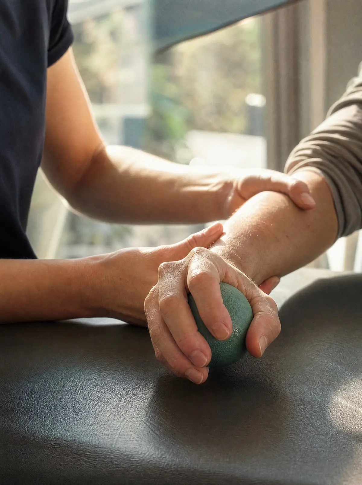 A patient's hand squeezing a therapy ball on a sunlit clinic table as a therapist guides the wrist.