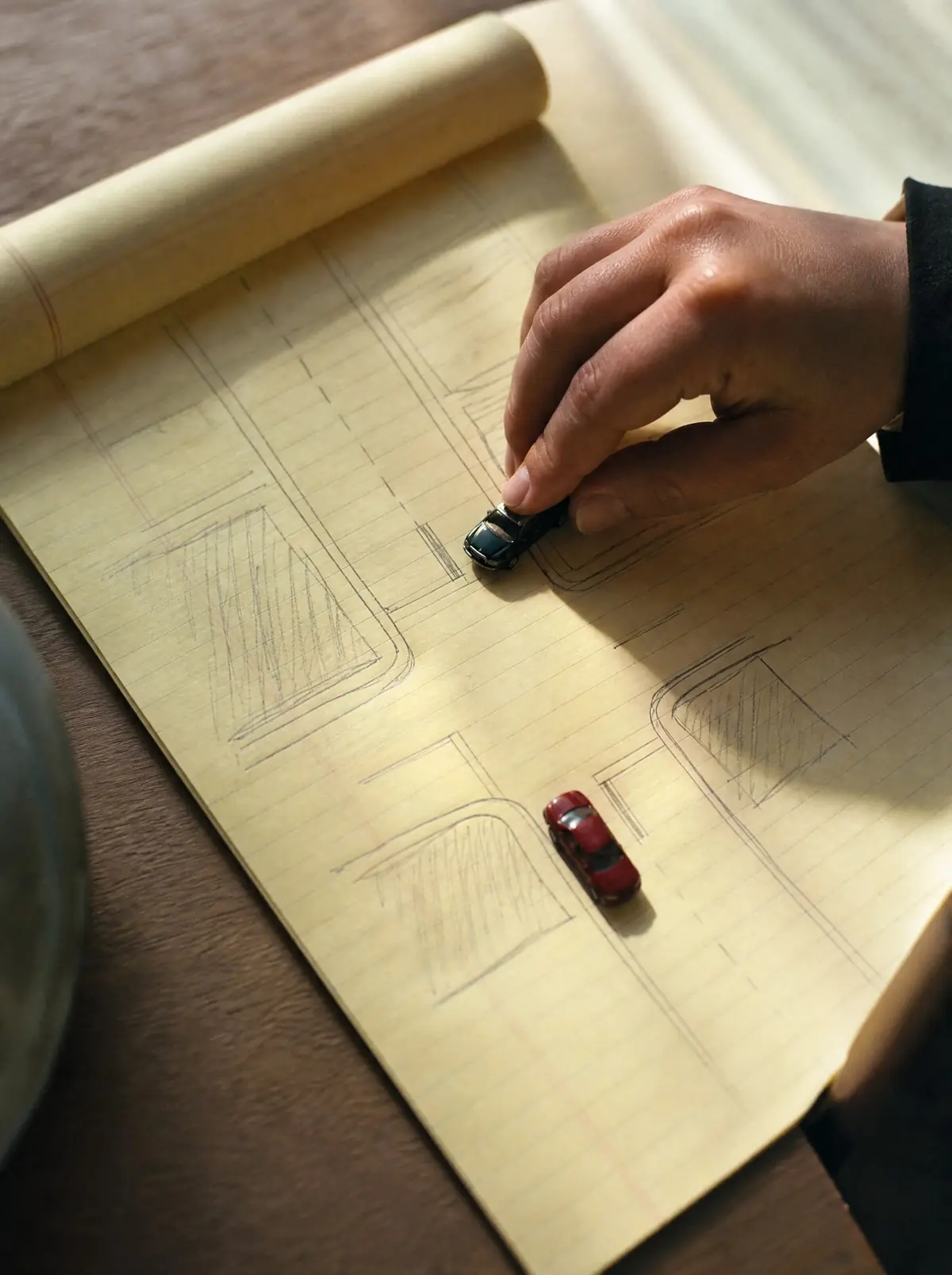 A hand moving a toy car across a pencil sketch of an intersection on a legal pad.