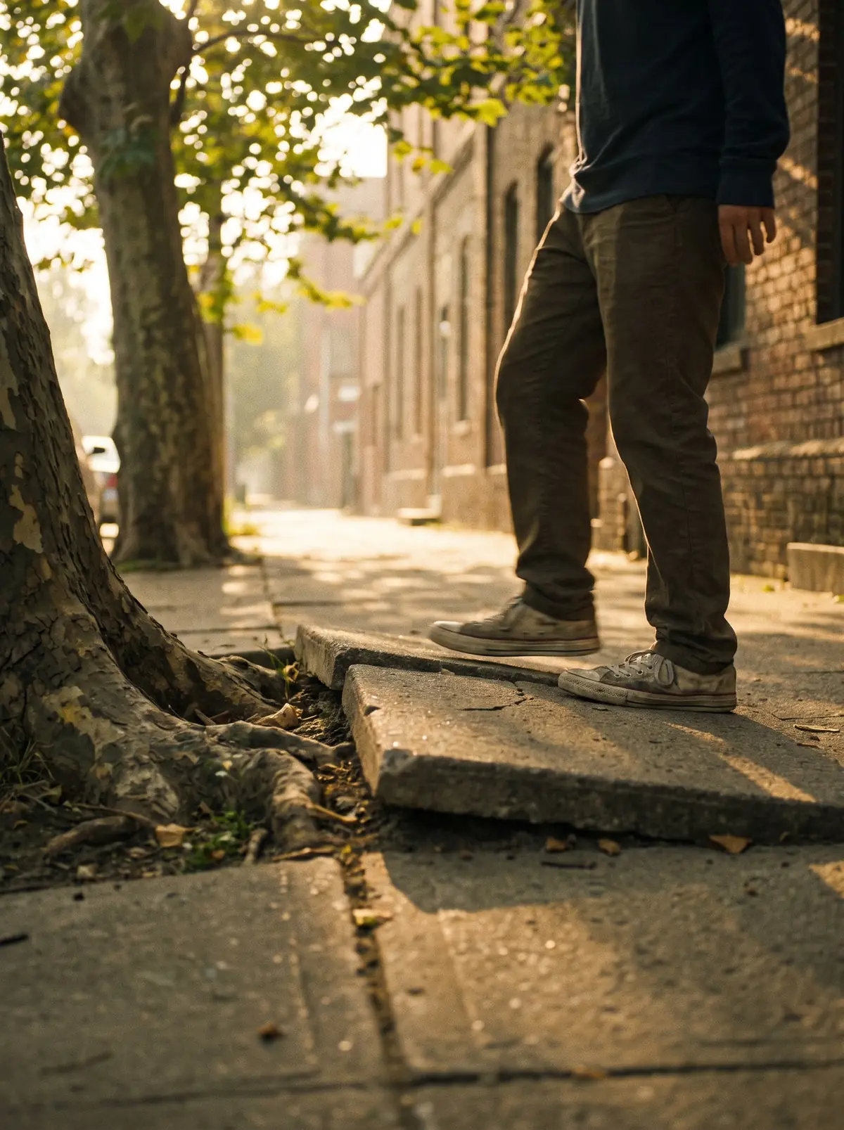 A pedestrian's feet stepping around a sidewalk slab lifted by tree roots on a sunny city street.