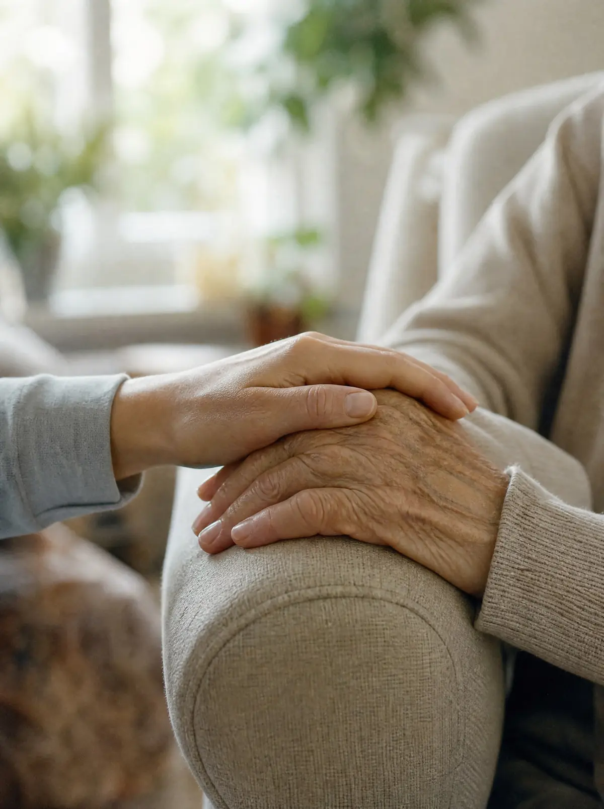 An adult's hand resting on an elderly mother's hand on the arm of a chair in a bright living room