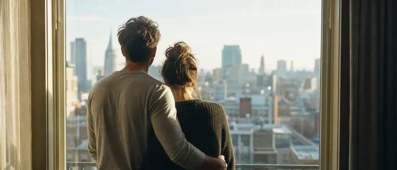 A couple seen from behind standing at a large window looking out over a sunlit city