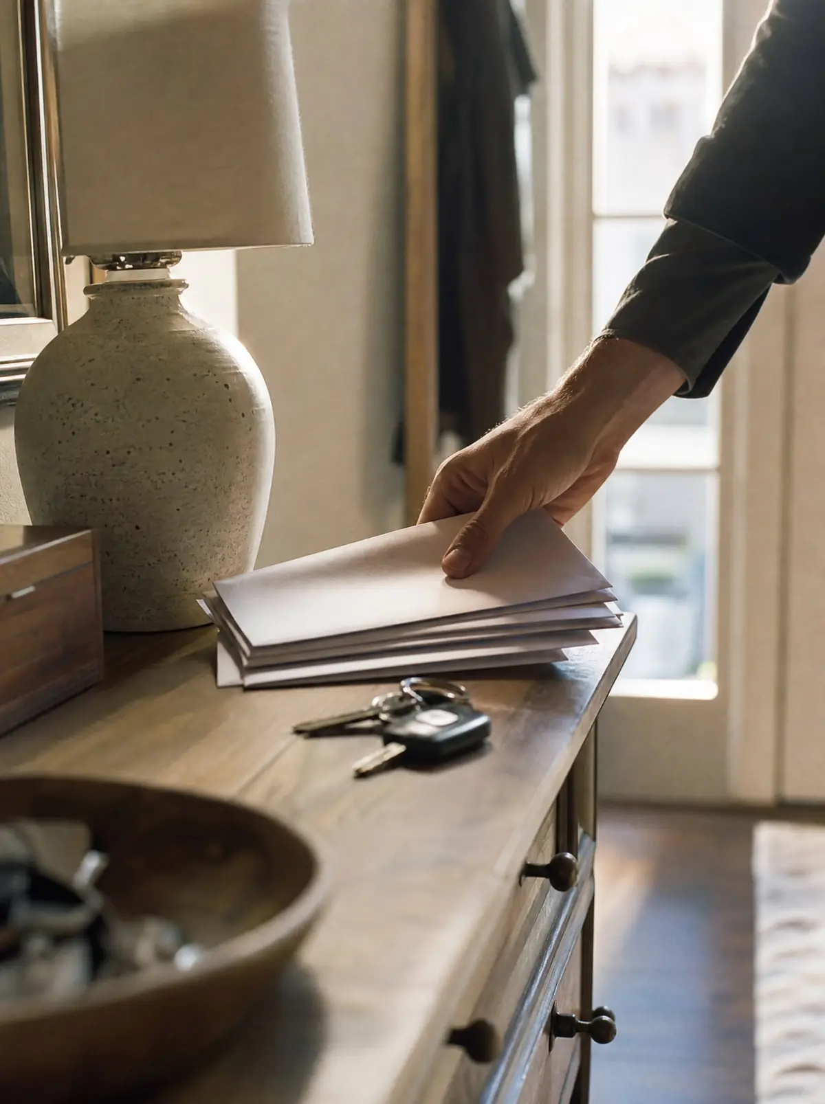 A hand sorting unopened envelopes on a hallway console table beside house keys