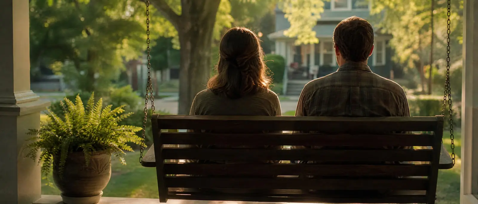 Two people seen from behind sitting on the porch swing of a small craftsman house in afternoon sun