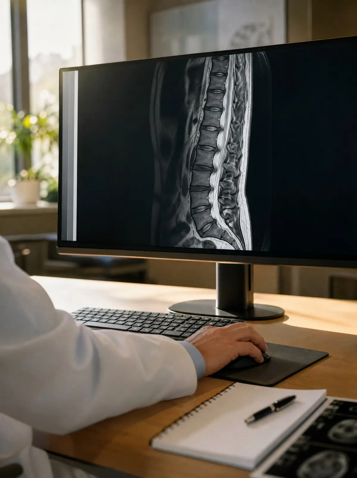 A doctor's hand on a mouse reviewing a lumbar spine MRI on a monitor in a sunny reading room.