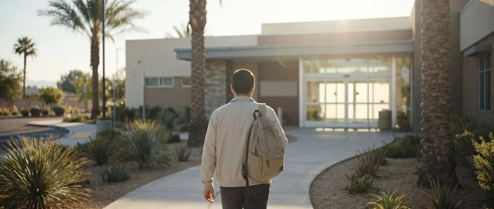 A person seen from behind walking toward the glass entrance of a community medical clinic on a sunny morning.