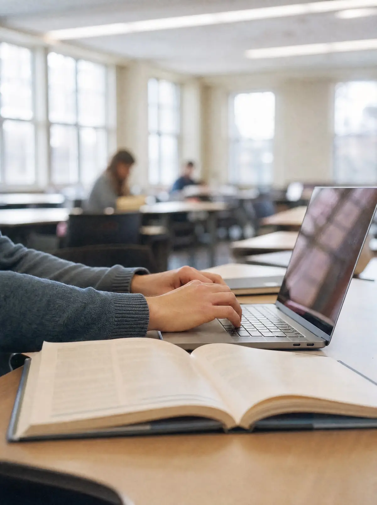A worker's hands typing on a laptop beside an open textbook in a bright college classroom.