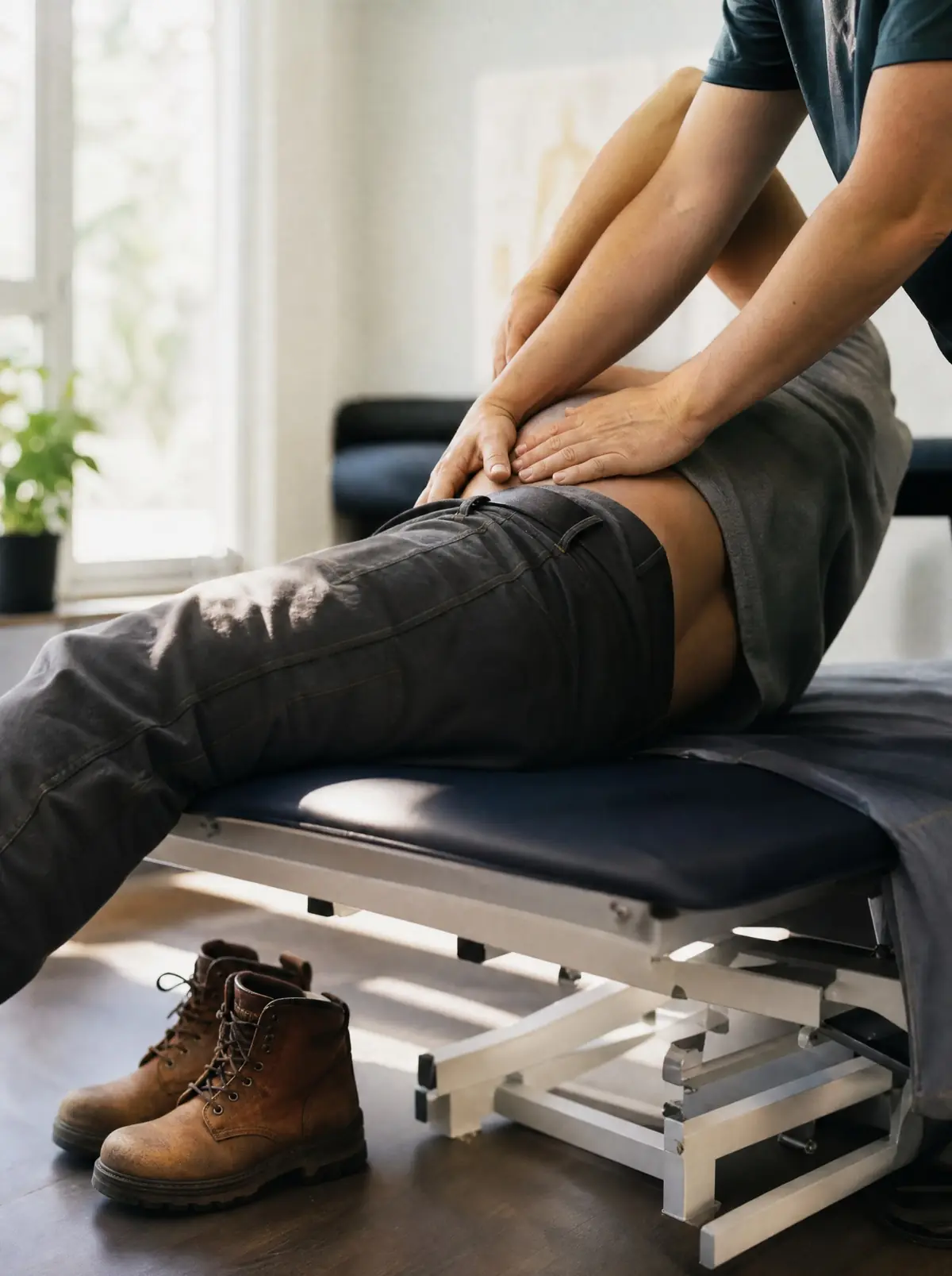 A physical therapist's hands guiding a worker's lower-back stretch in a bright clinic, work boots on the floor.