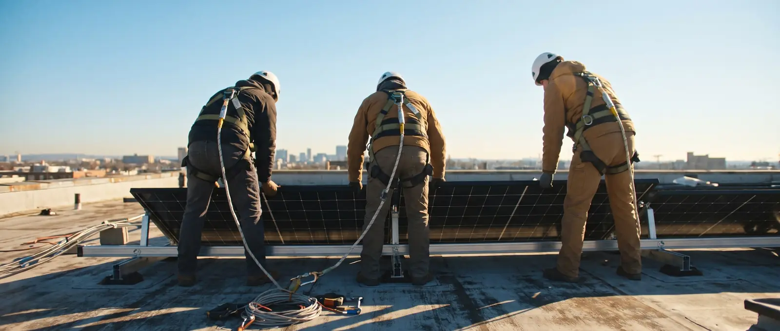 Solar installers seen from behind in safety harnesses on a sunlit commercial rooftop.