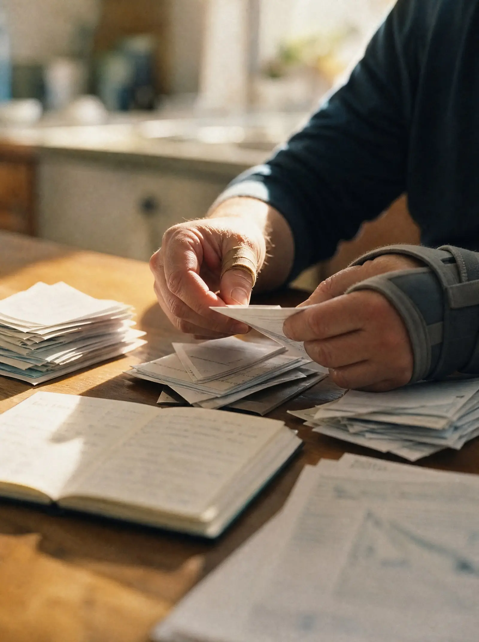 Hands with a wrist brace sorting pay stubs, notes and printed emails, the record a worker keeps after being fired while on workers' comp