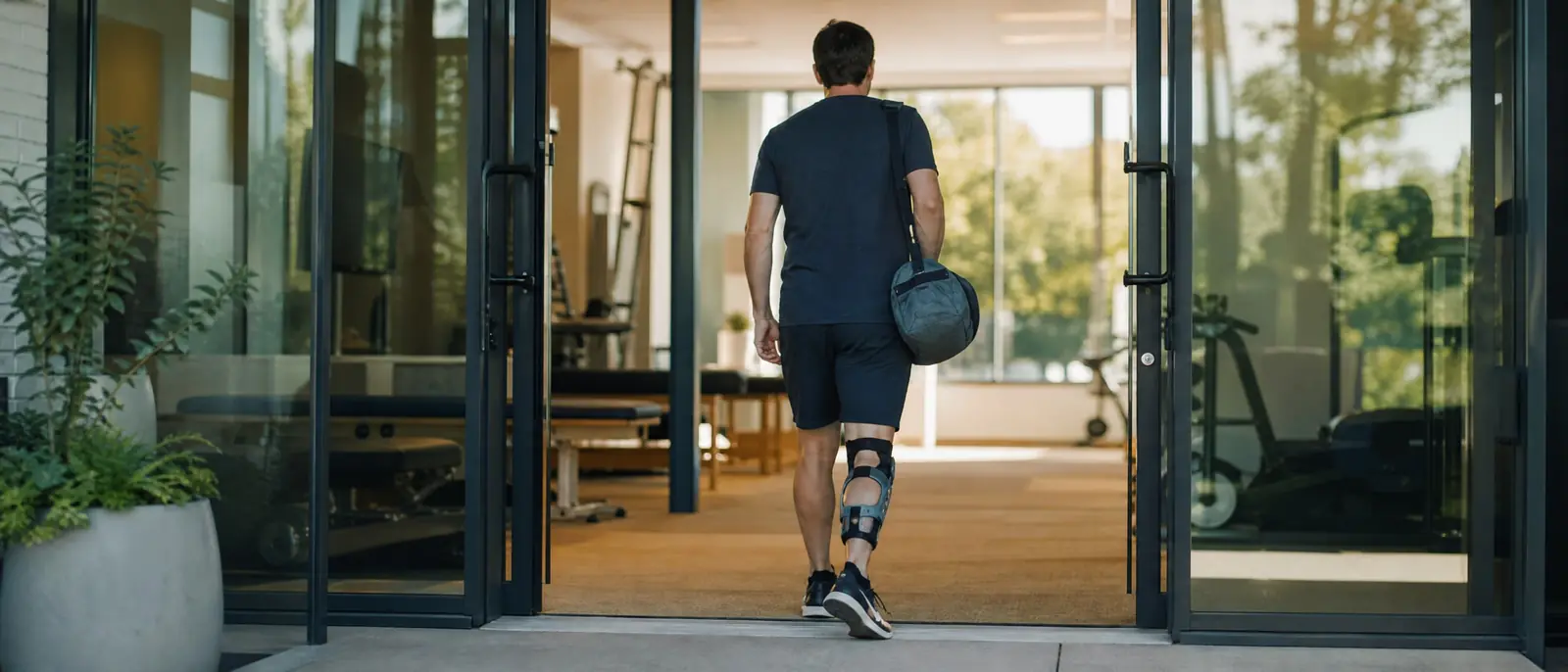 A man wearing a knee brace walking through the glass door of a bright physical therapy clinic in morning light