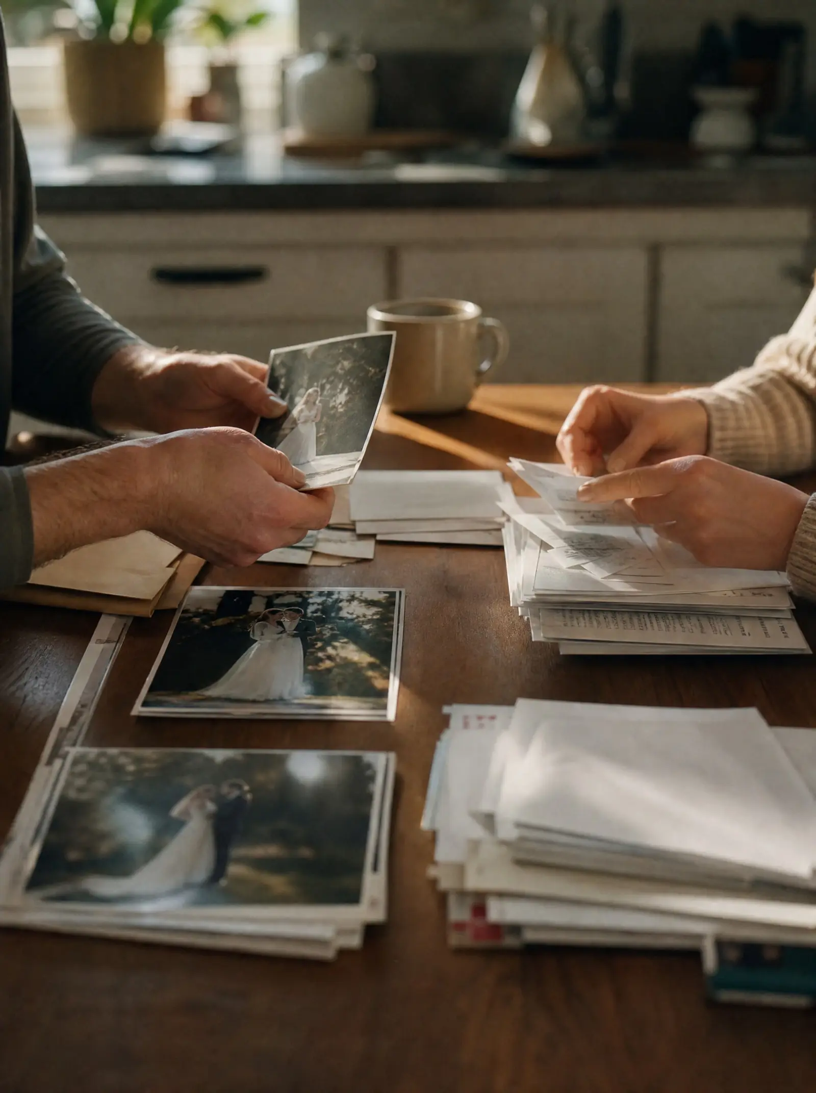 Two pairs of hands sorting wedding photographs, a lease and bank statements at a kitchen table to prepare for a marriage green card interview
