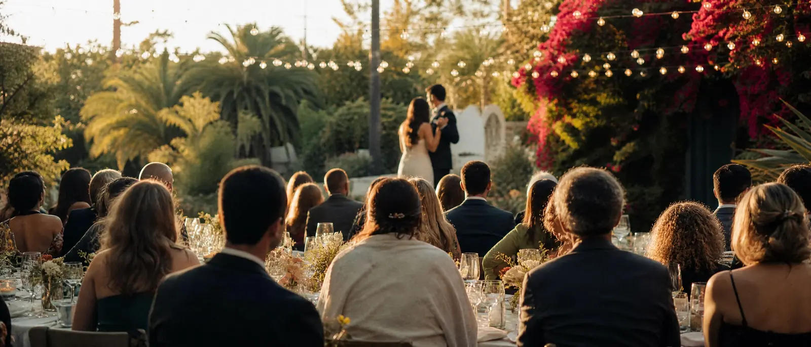 Guests seen from behind at a large family wedding in a garden at dusk, with string lights over long tables and a couple dancing