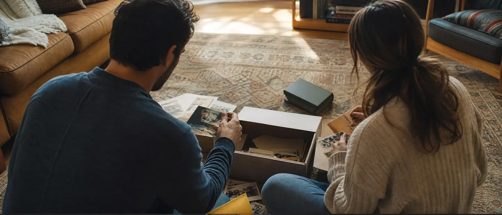 A married couple seen from behind sorting photographs and lease papers on a rug, gathering evidence for a green card after an overstayed visa