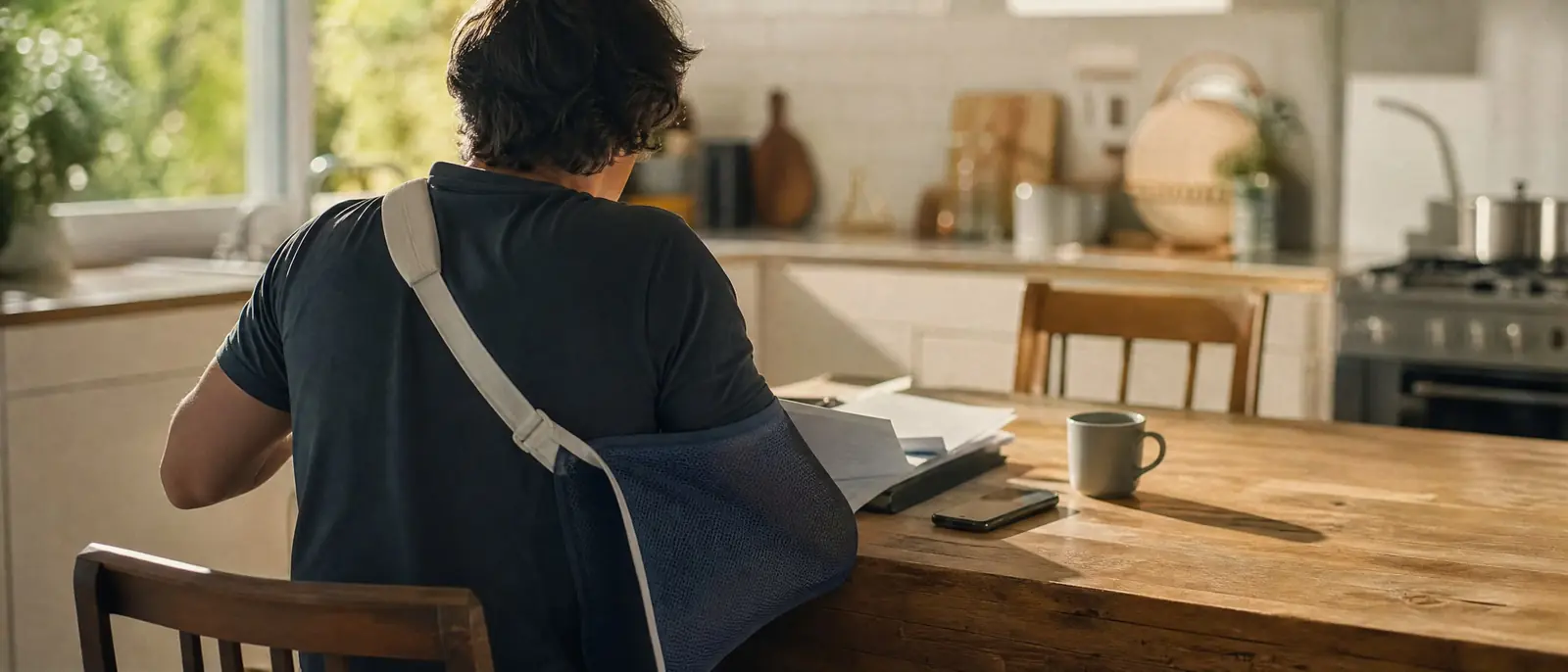A person with an arm in a sling sorting papers and a phone at a sunlit kitchen table
